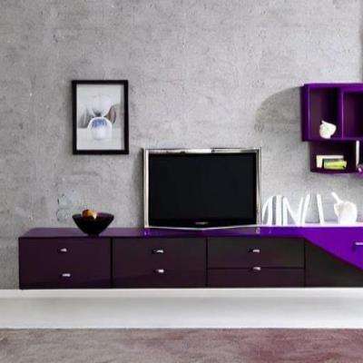 Contemporary TV Unit Design in Violet with a Wall Art on Grey Wall