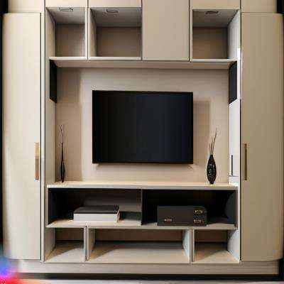 Modern TV Unit Design in Beige and Black Laminate with Open Cabinets