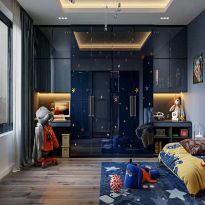 Modern Kids Room Design with 2-Door Dark Blue Mirrored Swing Wardrobe and Study Table