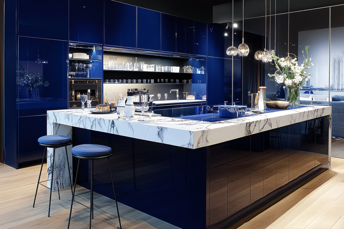 Modern Dark Blue And White Modular Regalia Island Kitchen Design