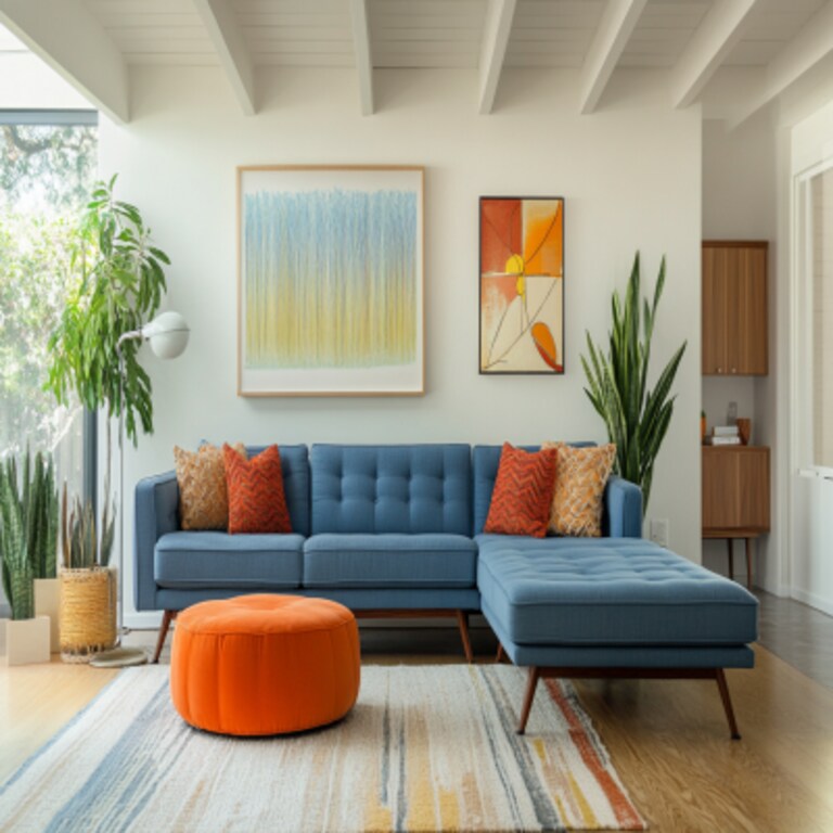 Mid-Century Modern Living Room Design With Blue Sofa and Orange Pouffe