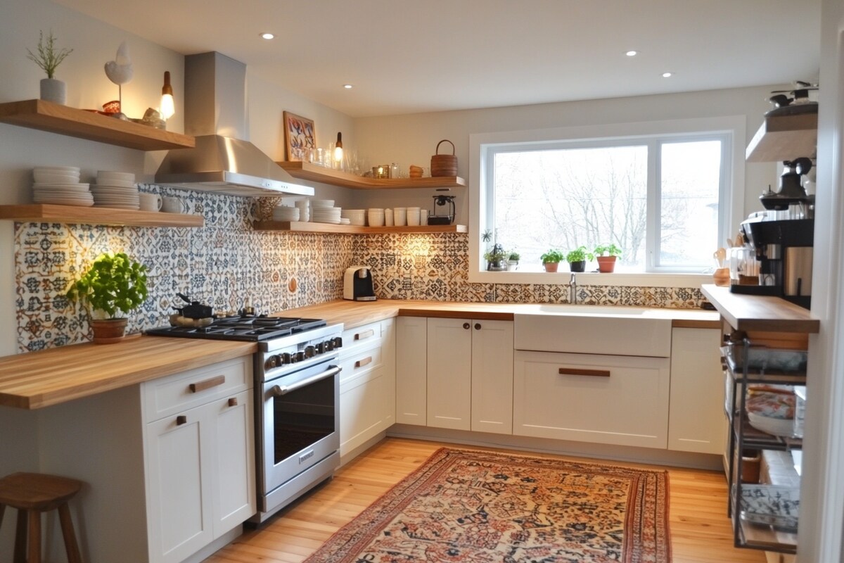 Mid-Century Modern L-Shaped Kitchen Design with Moroccan Tiles