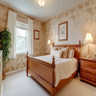 Traditional Master Bedroom Design With Beige Damask Wallpaper And Wooden Furniture