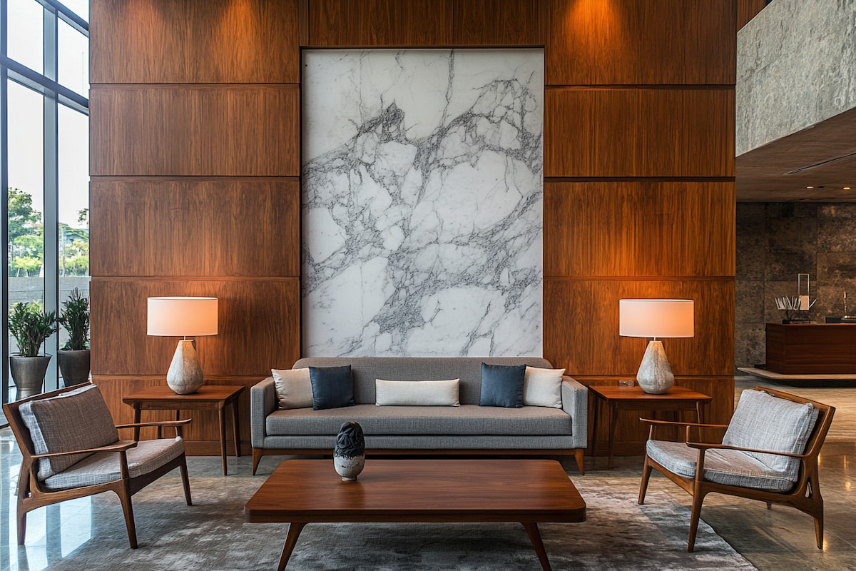 Contemporary Grey And Wood Living Room Wall Design With Marble Wall And Wooden Panelling