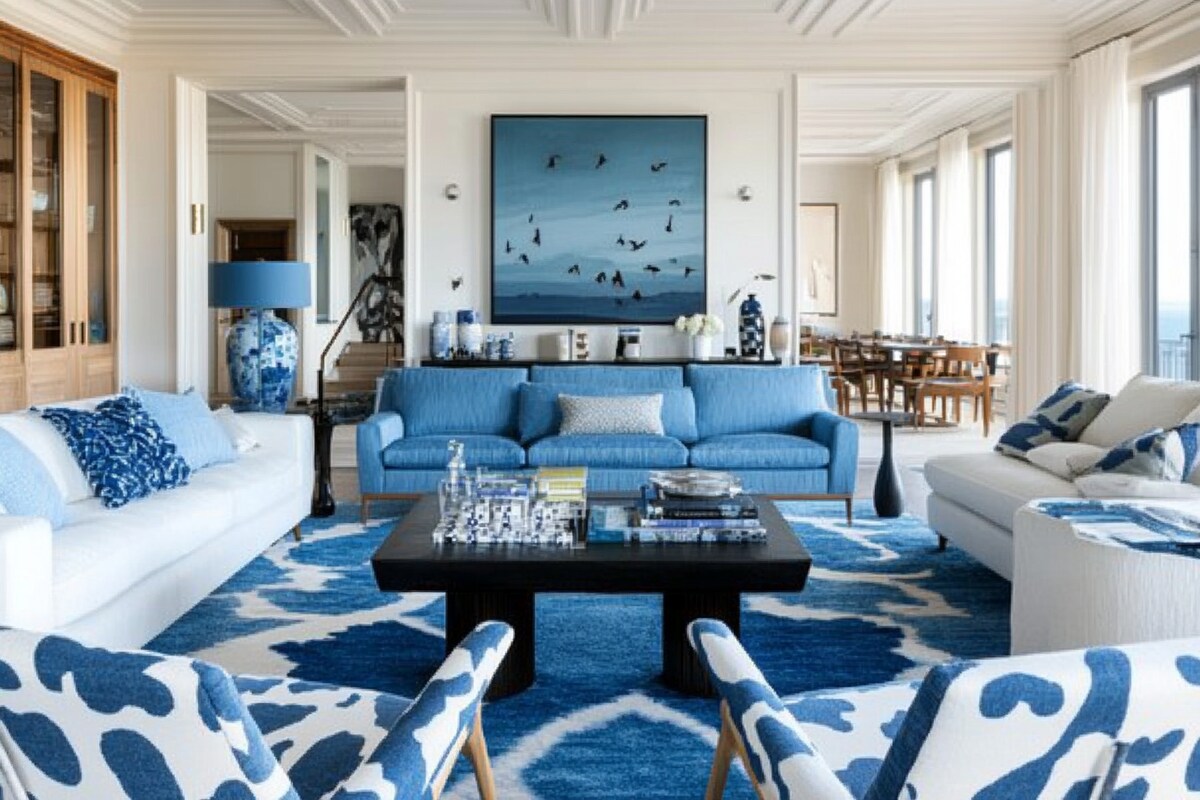 Mid-Century Modern Living Room Design With Blue And White Sofa