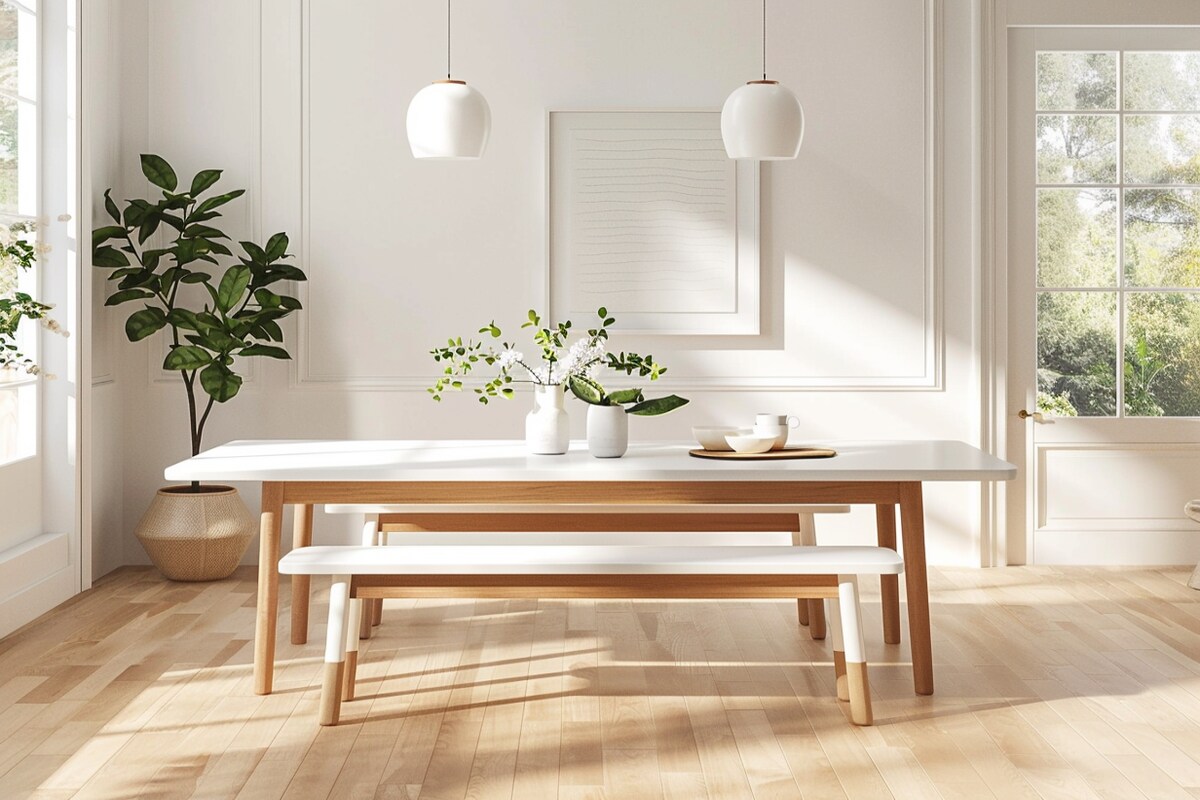 Minimal White 4-Seater Dining Room Design With Long White And Wood Seater