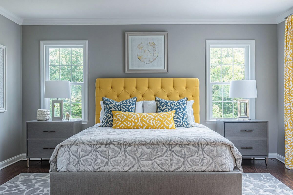 Modern Grey Master Bedroom Design With Yellow Headboard