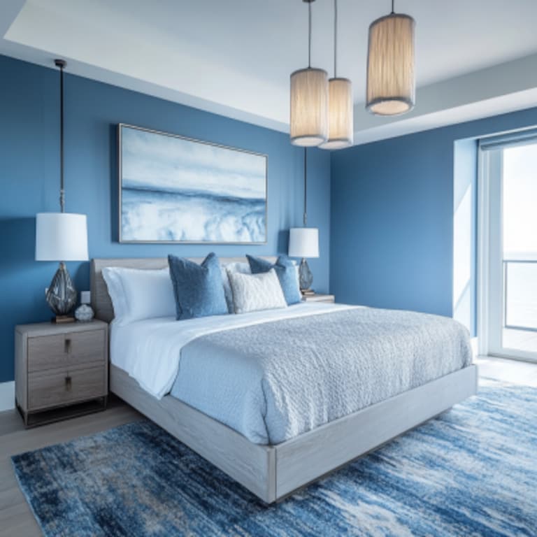 Contemporary Master Bedroom Design with Blue Walls