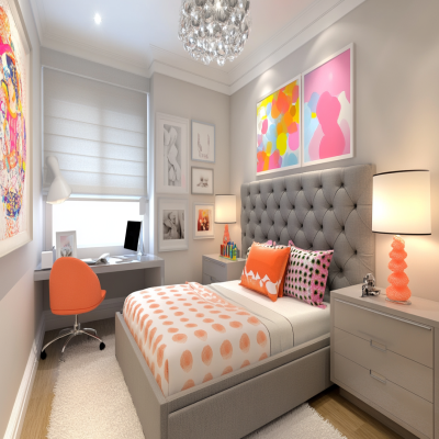 Modern Kids Room Design For Girls With Grey Tufted Bed And Study Table