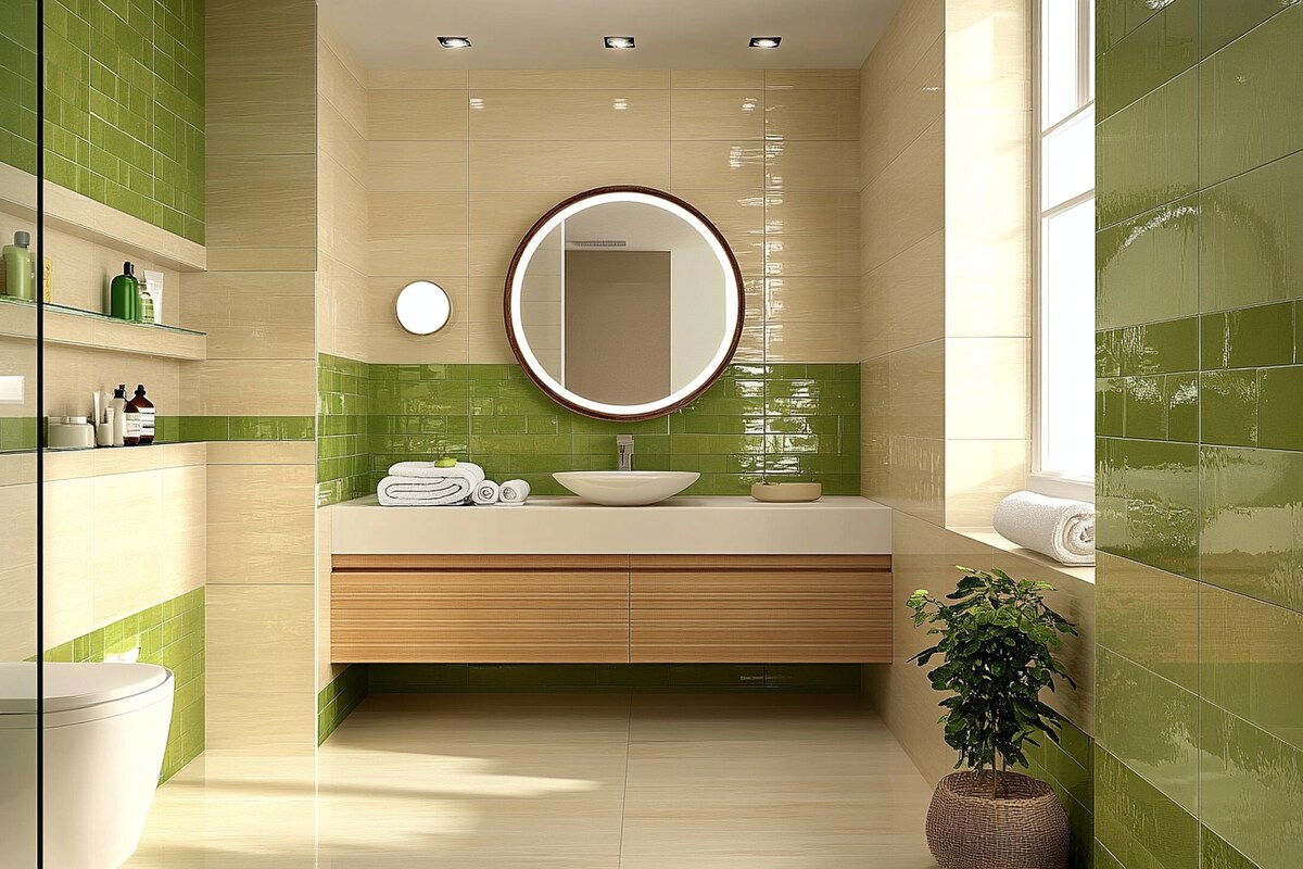 Classic Beige And Green Bathroom Design With Wooden Bathroom Cabinet