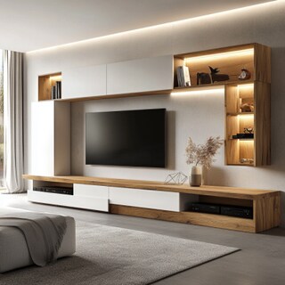 Minimalistic TV Unit Design in Frosty White and Moldua Acacia Design