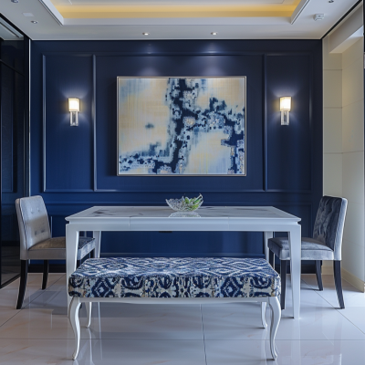 Modern White And Dark Blue 3-Seater Dining Room Design With Patterned Bench