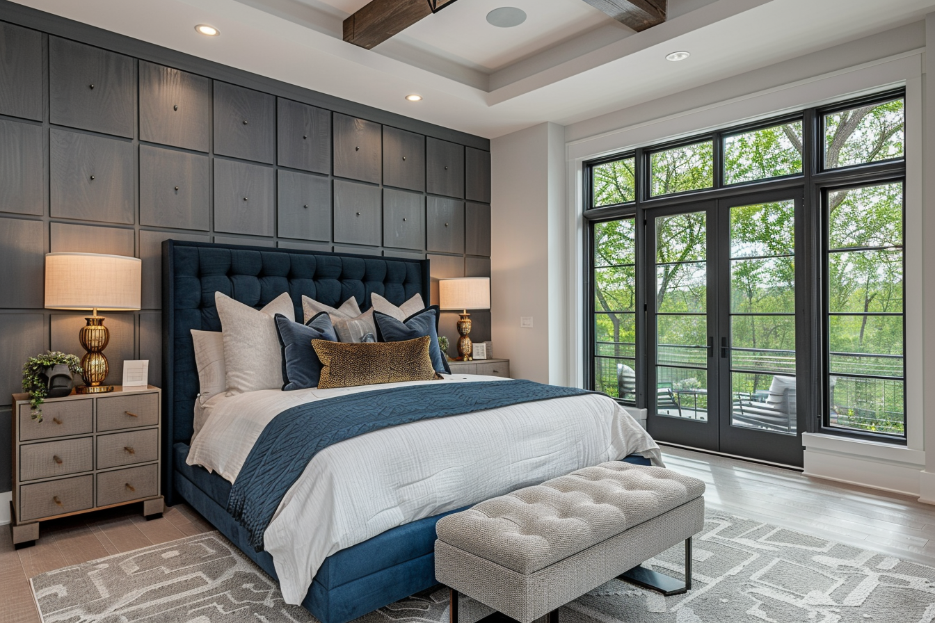 Modern Master Bedroom Design With Blue Headboard And Grey Textured