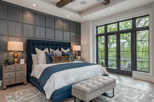 Modern Master Bedroom Design With Blue Headboard And Grey Textured ...