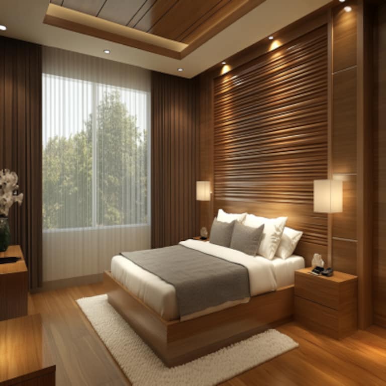 Contemporary Bedroom Wall Design With Wooden Panelling And Grooves