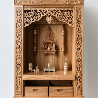 Contemporary Mandir Design With Carved Storage