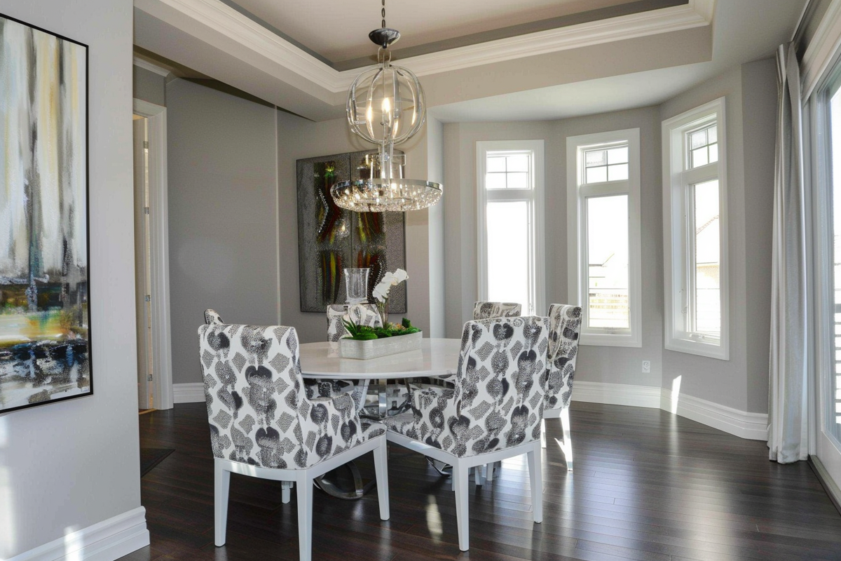 Modern White And Grey 4-Seater Dining Room Design With Patterned Seater