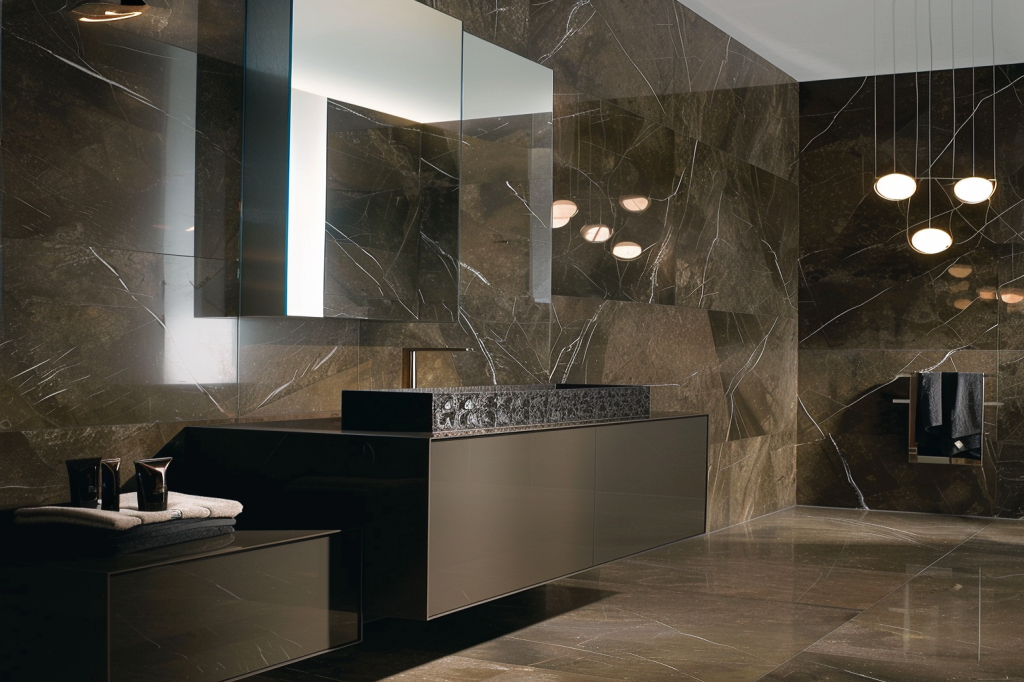 Modern Bathroom Design With Dark Brown Marble Wall Tiles And Grey Bathroom Cabinet