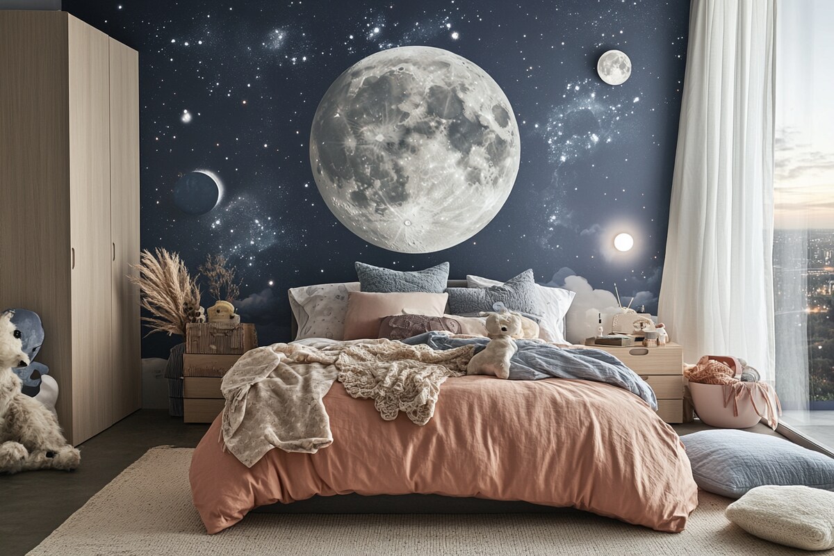 Modern Kids Bedroom Design with Queen Bed and Moon Wall