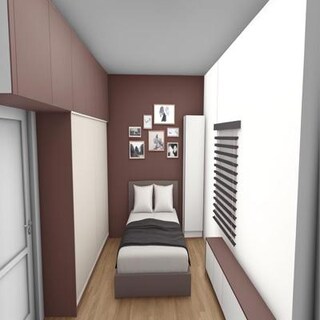 Bedroom with Brown Accent Wall and Compact Storage