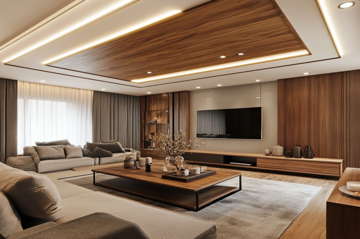 Rectangular Wooden False Ceiling Design With Recessed Cove Lights