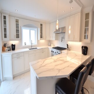 Modern U-Shaped Kitchen Design with White Cabinets and Marble Countertop