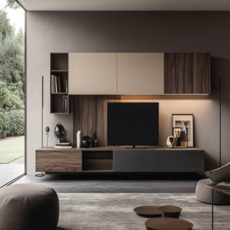 Modern TV Unit Design With Beige And Black Wall Tile