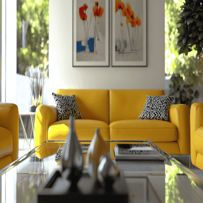 Contemporary Living Room Design With Yellow Sofas and Nesting Table