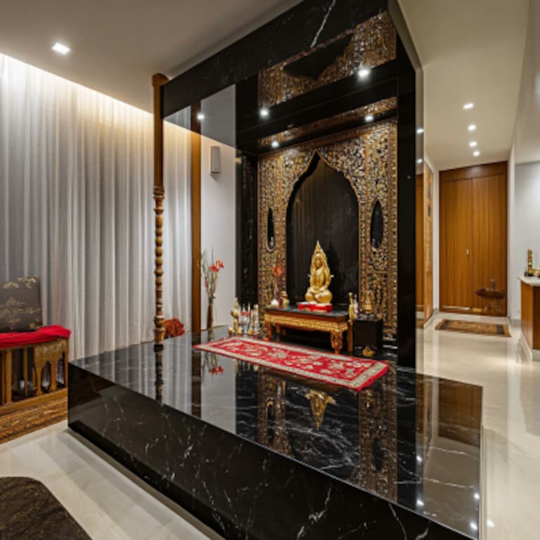 Modern Pooja Mandir Design With A Black Marble Countertop