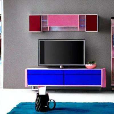 Modern TV Unit Design in Blue and Pink Laminate with Floating Shelf