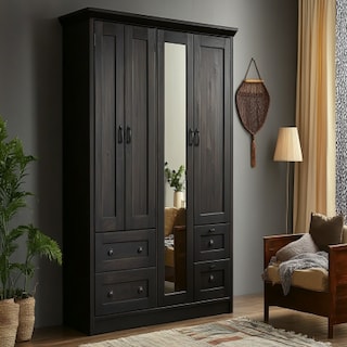 Rustic 4-Door Black Swing Wardrobe Design With Mirror