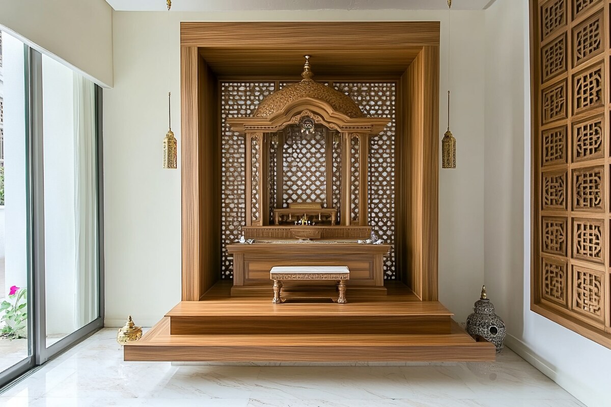 Minimal Mandir Design With Wooden Laminates