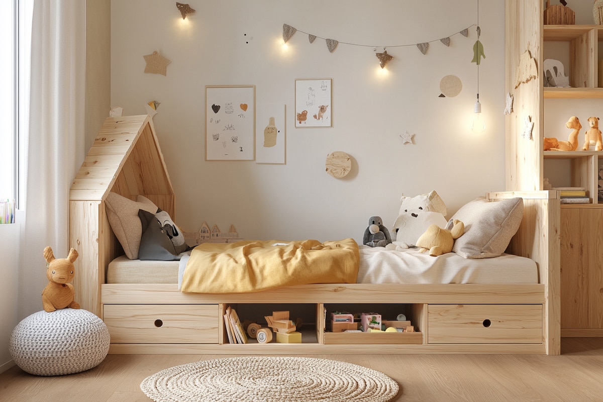 Modern Kids Bedroom Design With Wooden Storage Bed