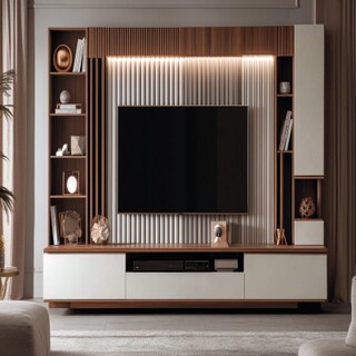 Modern Canadian Walnut And White TV Unit Design With Striped Back Panel