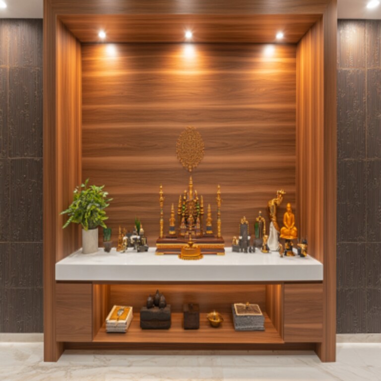 Contemporary Pooja Room Design with Wooden Accent Wall