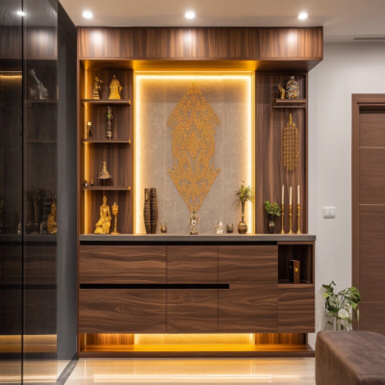 Walnut Bronze And Nomadic Gold Contemporary Pooja Unit Design