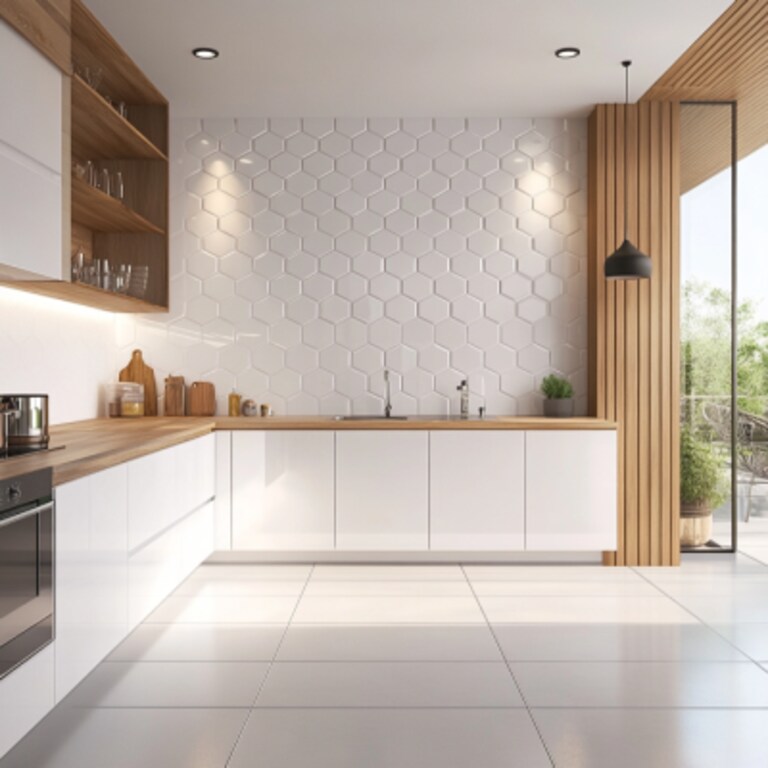 Glossy White Ceramic Hexagonal Tiles Design for Modern Kitchen Walls