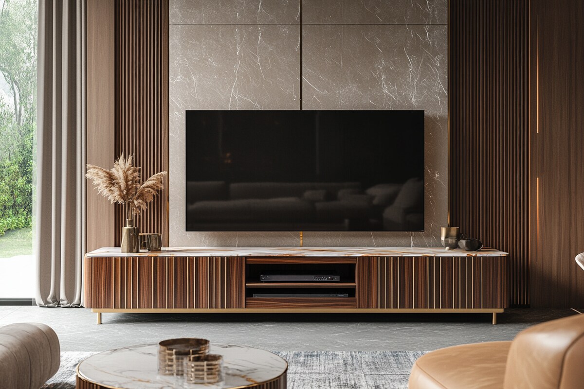 Contemporary TV Unit Design With Fluted Wooden And Marble Panels