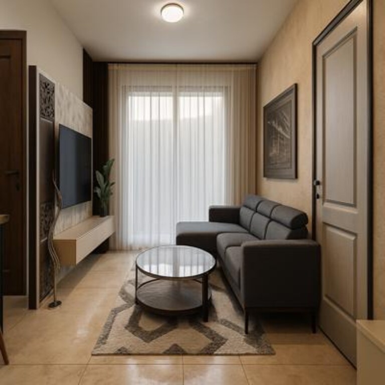 Compact Contemporary Beige Living Room Design with Dark Sofa