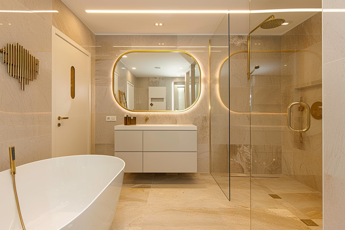 Contemporary Beige Bathroom Design With Gold-Framed Oval Mirror