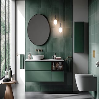 Scandinavian Bathroom Design with Green and White Tiles and Storage