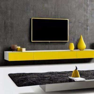 Modern TV Unit Design in Yellow Laminate with Charcoal Grey Wall