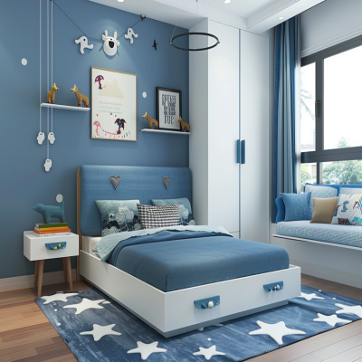 Modern Kids Bedroom Design With Blue Single Bed And 2-Door Off-White Swing Wardrobe And Bay Seater