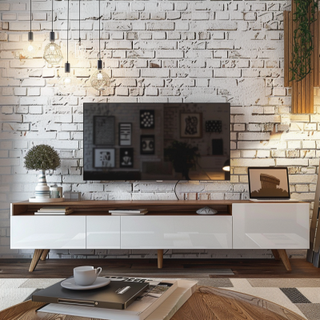 Mid-Century Modern Wall-Mounted White And Wood With Brick Accent Wall