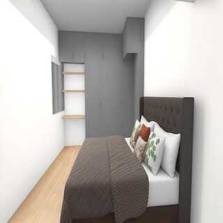Bedroom with Grey Wardrobe and Open Shelves