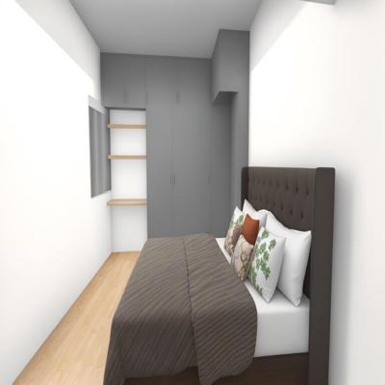 Bedroom with Grey Wardrobe and Open Shelves