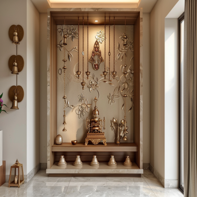 Contemporary Pooja Unit with Beige Floral Wall Panel and Decorative Bells