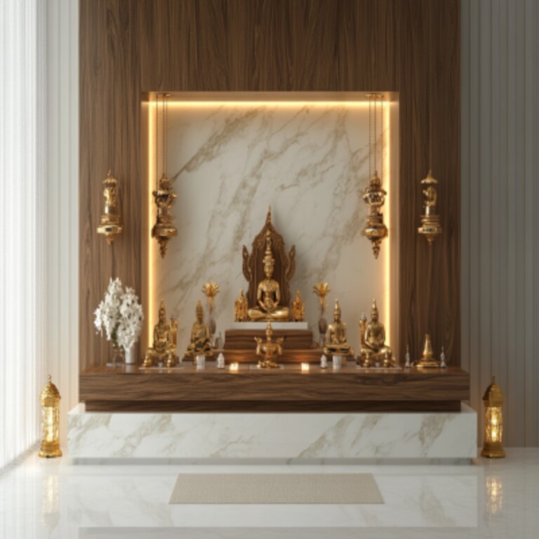 Modern Mandir Design With Wooden And Marble Finishes