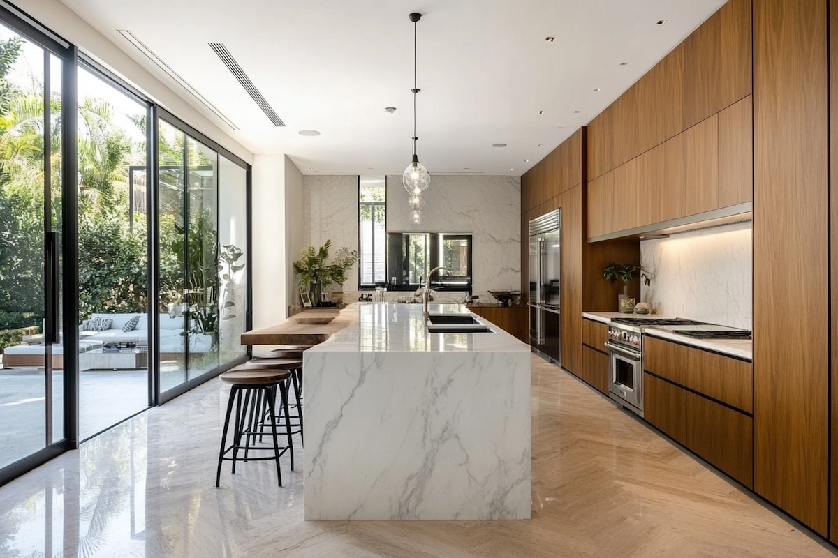 Modern Island Kitchen Design with Marble Countertop