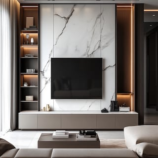 Modern Marble White TV Unit Design With Brown Wall Panel